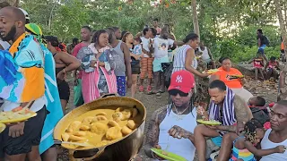 Over 100 people | 3 pots of coconut |1 bus 8 car load of people | we packed the river | fry chicken