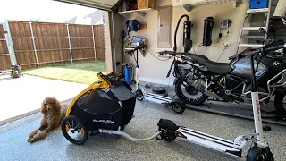 Electric Scooter (Emove Cruiser) with Dog Carrier Trailer (Burley Tail Wagon)