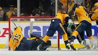 Pekka Rinne uses back of skate blade to rob Stars at goal line