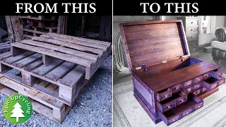 Steampunk Apothecary Chest Coffee Table Made From Pallet Wood and Recycled Copper.