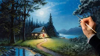 Oil Painting Landscape - Full Moon Summer / Satisfying  Art / Easy Drawing Lessons / Relaxing