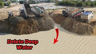 Best Technique Deleting Deep Water By KOMATSU DOZER D40P Hard Working With 25t Dump Trucks Team