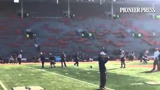 Kicker Ryan Santoso nails field goals from beyond 50 and 60 yards in warmups Saturday at Illinois. #