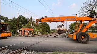 Big JCB Dangerous Aggressively Crossing railroad : Furious speedy train Quickly Moving at Railgate