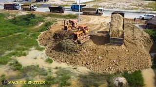 Bulldozer Push The Ground And Amazing Many Dump Truck Unloading Soil