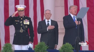 Donald Trump sings Star Spangled banner during Memorial Day ceremony