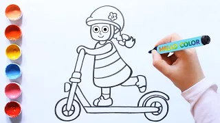 How to draw a girl riding a scooter easy for young artists - children. Step by step.