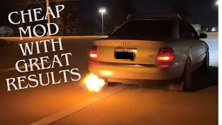 I made my Audi shoot HUGE flames! Audi a4 1.8t catless test pipe and full straight pipe Install