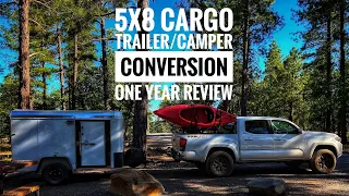 🇺🇸🇺🇸5x8 Cargo Trailer Camper Conversion 🇺🇸🇺🇸. (One year review, camping and fishing)