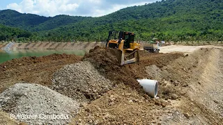 BIG THE PROJECT!! BULLDOZER CAT D6R2 USE POWER PUSHING CLEARING DIRT ACTIVELY BUILDING RESORT DAM