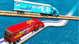 Dinoco Truck Vs Mack Truck Vs 2 Impossible Bridge Crossing Cars Vs Deepwater - BeamNG.Drive