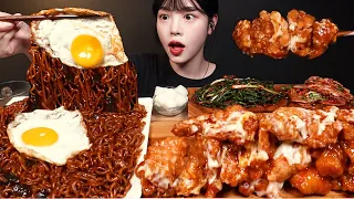 SUB)Chapagetti and Crispy Sweet Chili Fried Chicken Mukbang Asmr