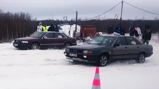 Audi 100 Sport Quattro 2.2t vs Audi A8 D2 4.2 Quattro uphill drag race @ snow