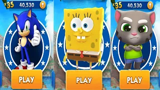 Sonic Dash vs Talking Tom Gold Run vs SpongeBob Run - All Characters Unlocked Walkthrough