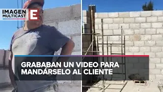 Albañiles a punto de terminar una construcción y se les olvidó... ¡colocar espacio para puerta!