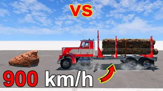 Can a LogTruck (With Dummy) Survive VS Giant Rock at 900 km/h? | Cars Crash Test ⏩ BeamNG