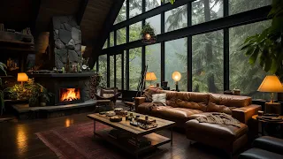 Jazz Relaxing Music - Rainy Day at Cozy House Inside Forest with Gentle Rain, Fireplace Sounds 🌧️🔥