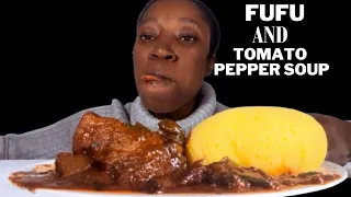 Asmr Fufu & Tomato pepper soup with spinach, shaki, cow skin, fish bone | African Food Mukbang