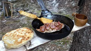 Cooking Bannock, Chicken, and Bacon Over a Campfire