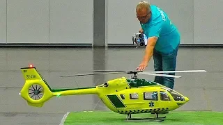 STUNNING BIG RC NEW EC-145 T2 VARIO SCALE 1:5 MODEL HELICOPTER INDOOR FLIGHT DEMONSTRATION