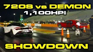 BIG HORSEPOWER WHEELIE POPPING DEMON vs 720S!  * Demonology vs DragTimes 1/4 Mile Rematch