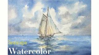 Easy Seascape Sailboat In The Cloudy Morning In Watercolor Painting Step By Step