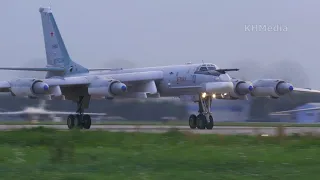 Tu-95 powerful takeoff with altitude drawdown. Sound of the propellers at start is like tearing air