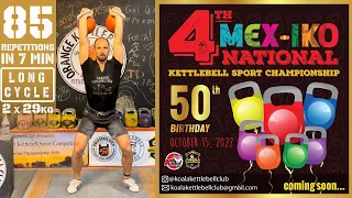 85 reps LONG CYCLE 2 x 29kg kettlebells in 7min at 4th MEX-IKO Championship