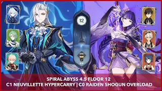 Spiral Abyss 4.5 First Clear | C1 Neuvillette Hypercarry & C0 Raiden Shogun Overload