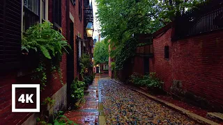 4K Walking  Heavy Rain Beacon Hill Boston -  Rain on Umbrella and City Sounds Binaural ASMR