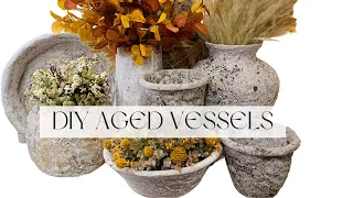 DIY Aged Vessels Using Thrifted & Dollar Store Finds! Faux Cement Vessels for Fall #diy  #homedecor