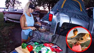 Truck Camping at a Giant Spillway Full of BIG Fish on the SURFACE!!! (Fresh Cooked meal!!)