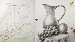 Still Life Drawing for Beginners Easy Step by Step with Pencil Shading | How To Draw a Jug, Grapes