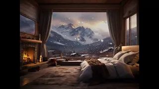 Cozy Warm Bedroom, Fireplace, in the Mountains, Snowstorm