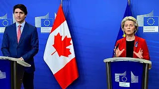 Justin Trudeau Canada PM EU debates in Brussels with EU Commission President Ursula von der Leyen