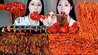 ASMR MUKBANG| 직접 만든 불닭 짜장 버섯 양념치킨 김밥 먹방 & 레시피 FRIED CHICKEN AND FIRE NOODLES EATING