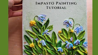 Blue flowers. Painting with acrylic. Impasto art
