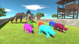 Neon Rhinos trying to escape from Carnivore Dinosaurs - Animal Revolt Battle Simulator