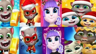 My Talking Tom Friends vs Gold Run vs Hero Dash vs My Talking Angela 2 Christmas vs Halloween update