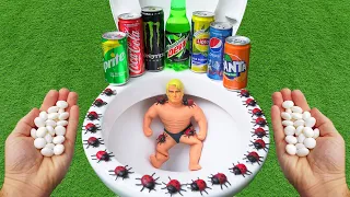 Experiment !! Stretch Armstrong VS Cola, Fanta, Pepsi, Mtn Dew, Sprite and Mentos in the toilet