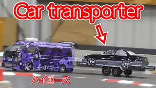 Drifting commercial vehicle, Toyota Hiace tows car transporter