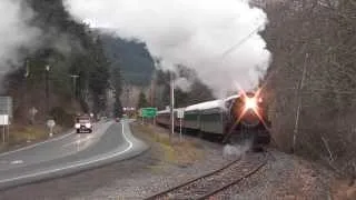 Mt. Rainier Scenic Railroad. F9-7012A & 2-8-2T No.17 depart from Elbe, WA