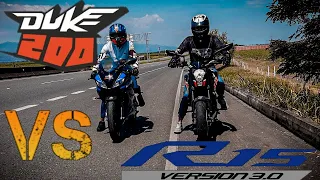 YAMAHA R15 V3 VS DUKE 200 DESLIMITADA 🏁🏍🏍🔥 | DRAG RACE |