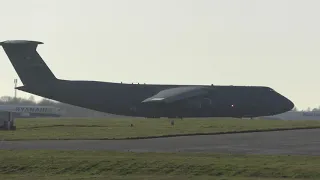 share 1st C5 Aircraft with President Trumps equipment taxiing  at London Stansted 30Nov2019 1202p