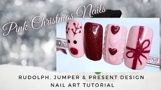 Pink Christmas Nails | Rudolph Nail Art | Sweater Jumper Nails | Present Gift Nail | Reindeer Nails