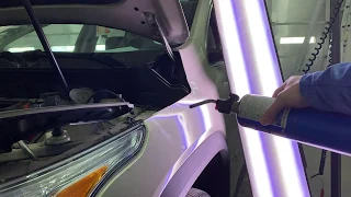 Fender dent,using a torch to help remove dent, timelapse of paintless dent repair