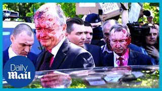 Russian ambassador hit with red paint at Soviet war memorial in Poland