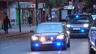 Unmarked armoured close protection vehicles blue light run