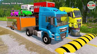 Double Flatbed Trailer Truck cars vs rails tractor vs train cars vs bollards Beamng Drive 374