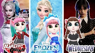 My Talking Angela 2 | Frozen | Elsa Vs Harley Quinn Vs Wednesday  | cosplay